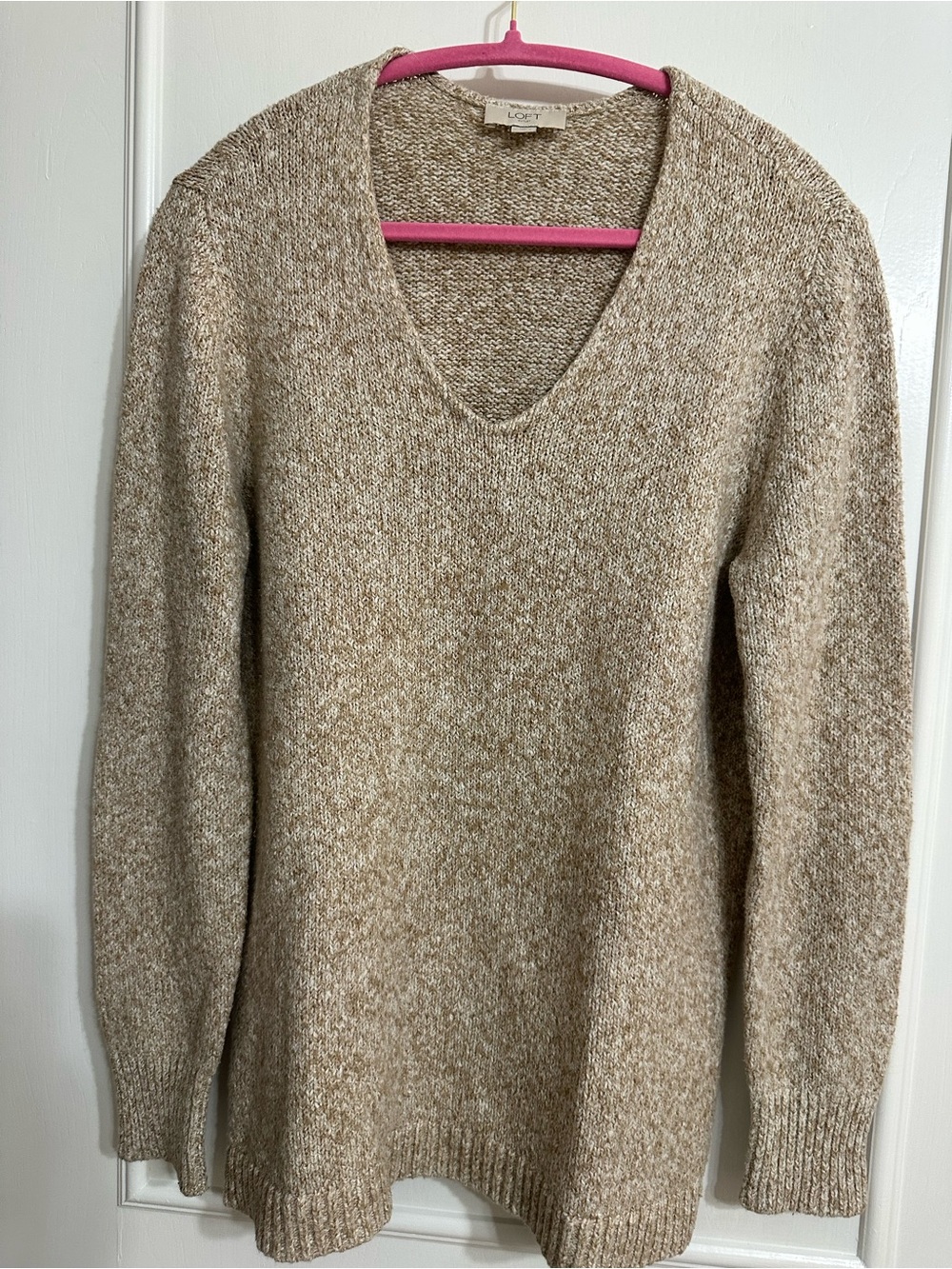 Loft Women's V-Neck Marled Tan Sweater